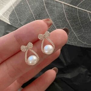 Bow Water Drop Pearl Diamond Stud Earrings
